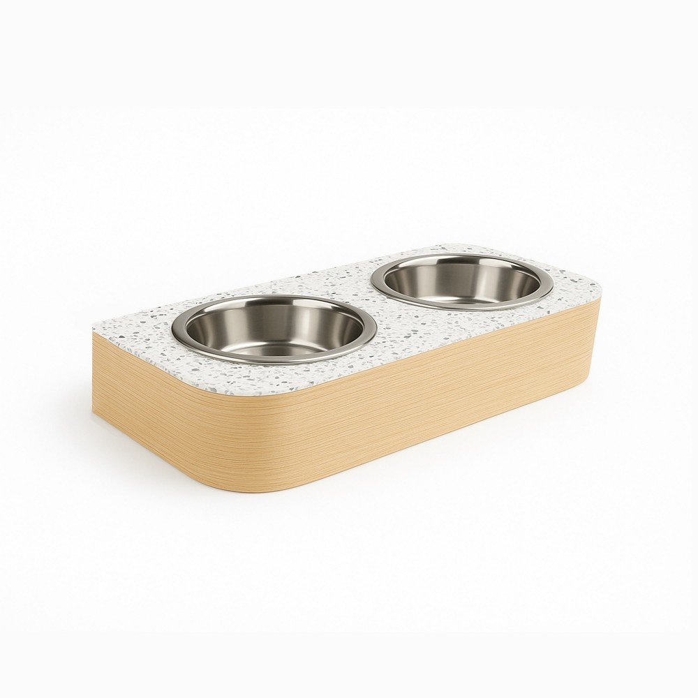 gamelle chien surélevée mur design bois terrazzo